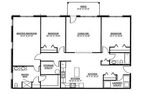 Floor plan for 3 beds, 2 baths, 1680 sqft